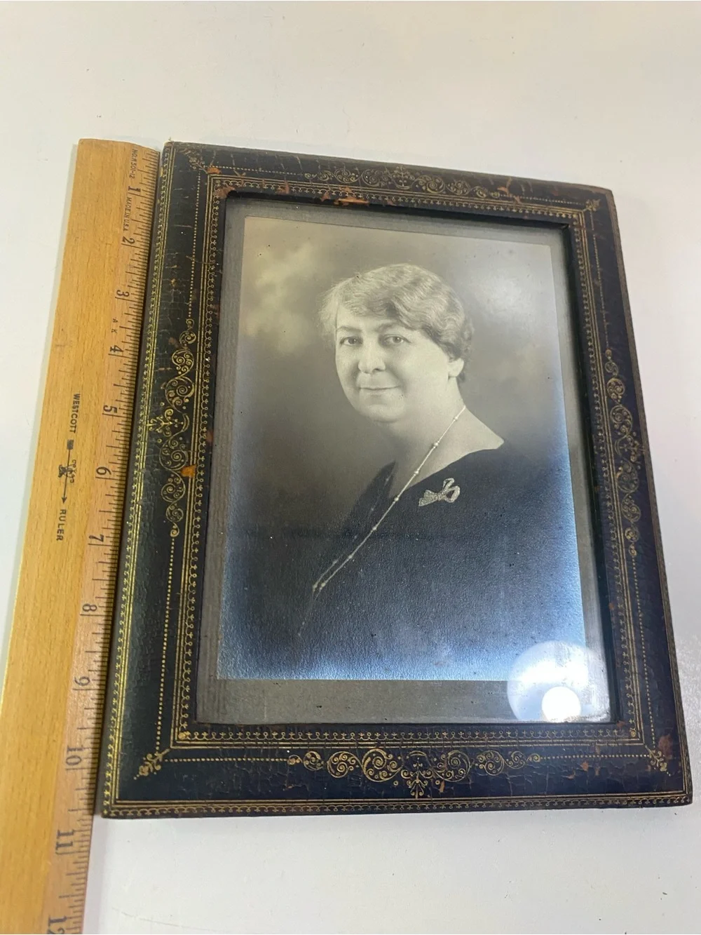 Antique 1920s Matriarch Portrait Antique Paper Gold Design Frame Brass Hardware